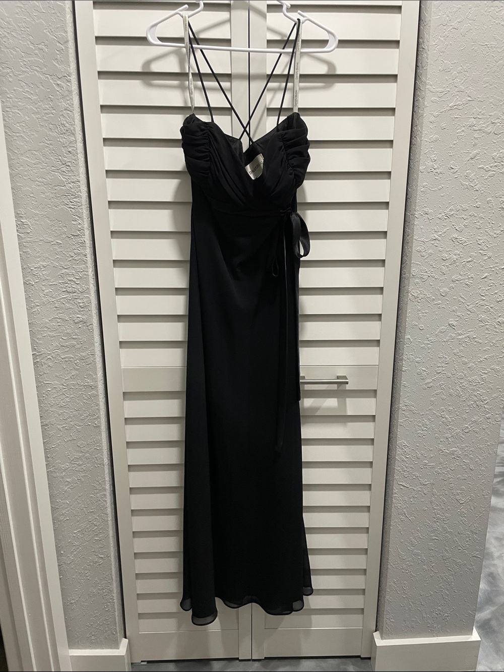 David's Bridal Black Ruched Maxi with Crisscross Straps